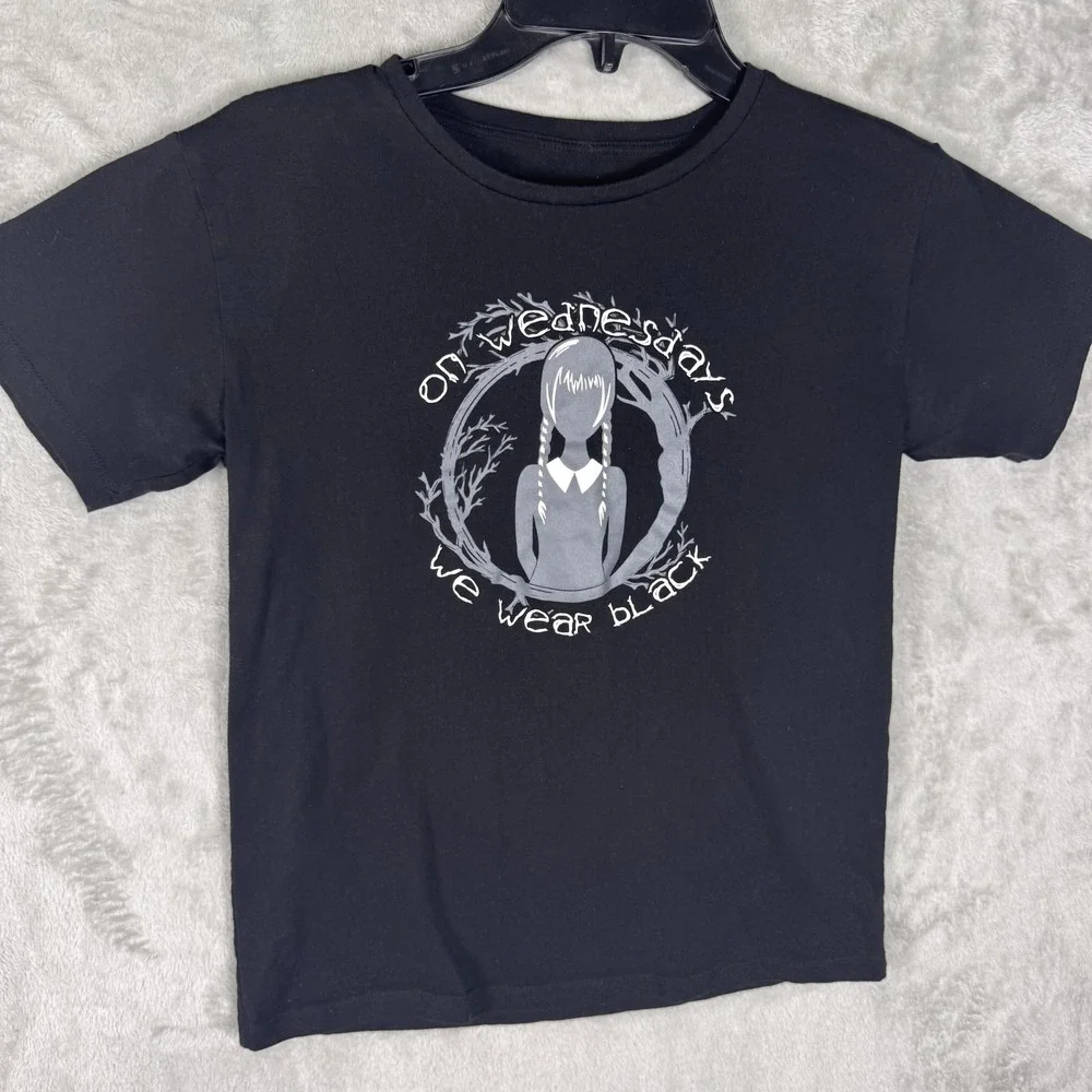 Wednesday Shirt Youth Large Black On Wednesdays We Wear‎ Black Gothic Tee Kids - Picture 2 of 8